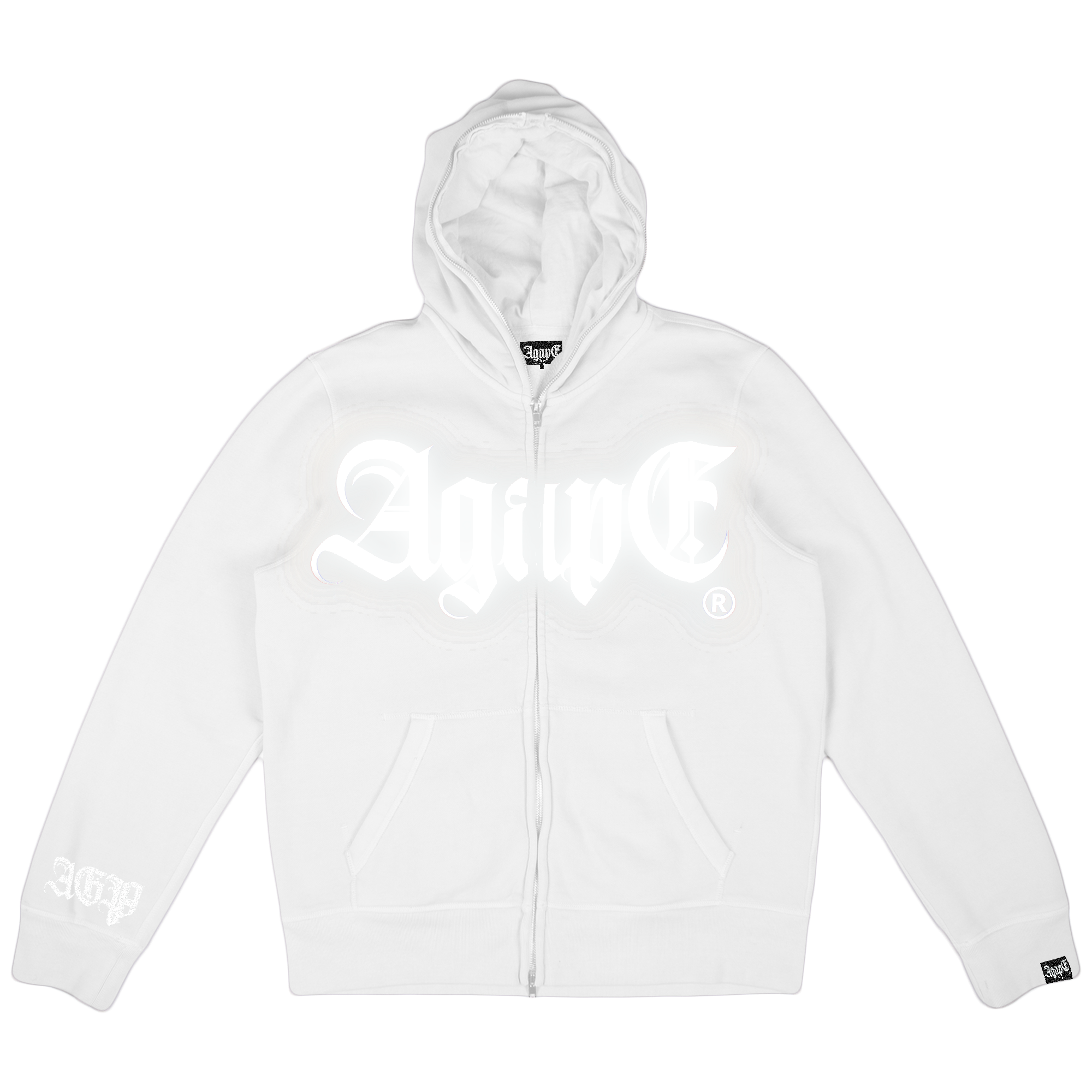 agapē “let there be light” white fullzip